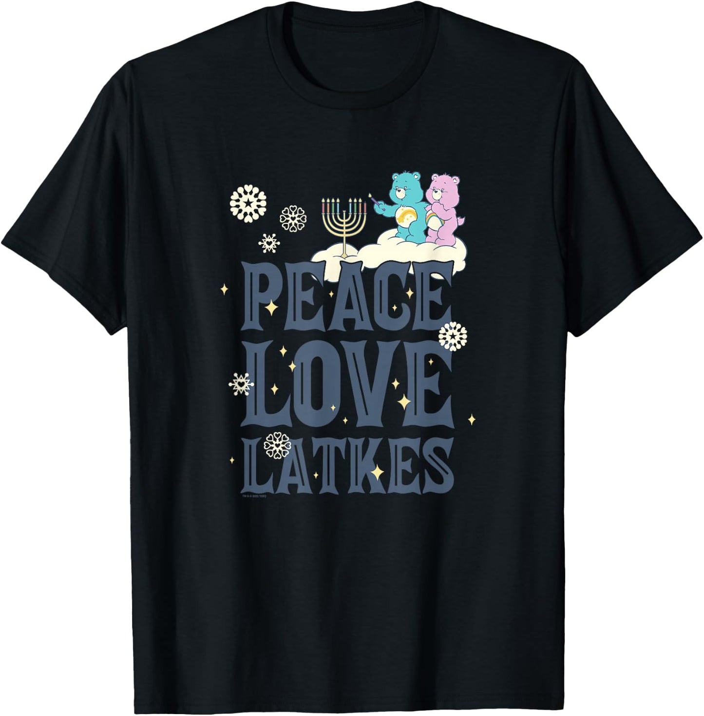 Care Bears Hanukkah Peace Love Latkes Snowflake Menorah Logo T-Shirt - T-Shirt | Black