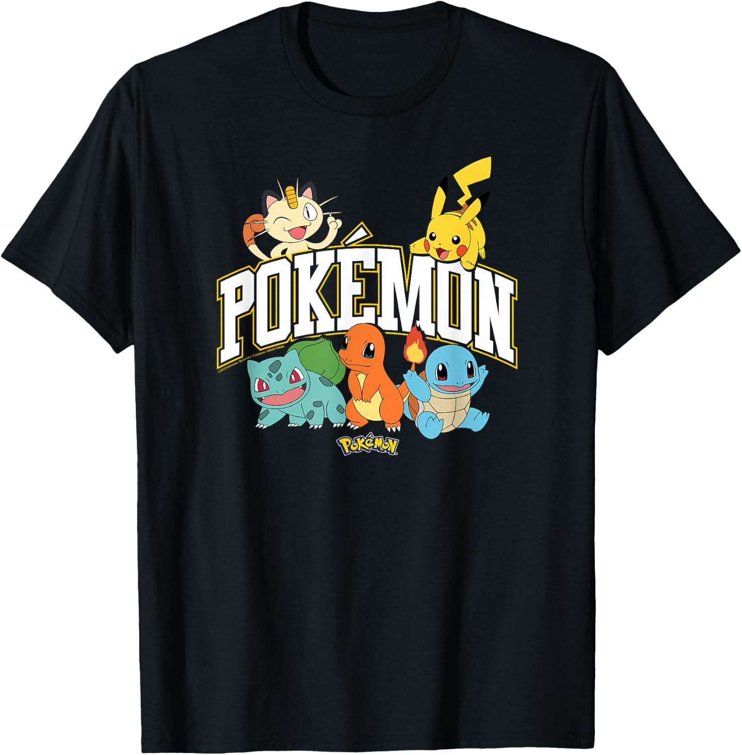 Pokémon - Pikachu Charmander Bulbasaur Squirtle Meowth T-Shirt - T-Shirt | Black