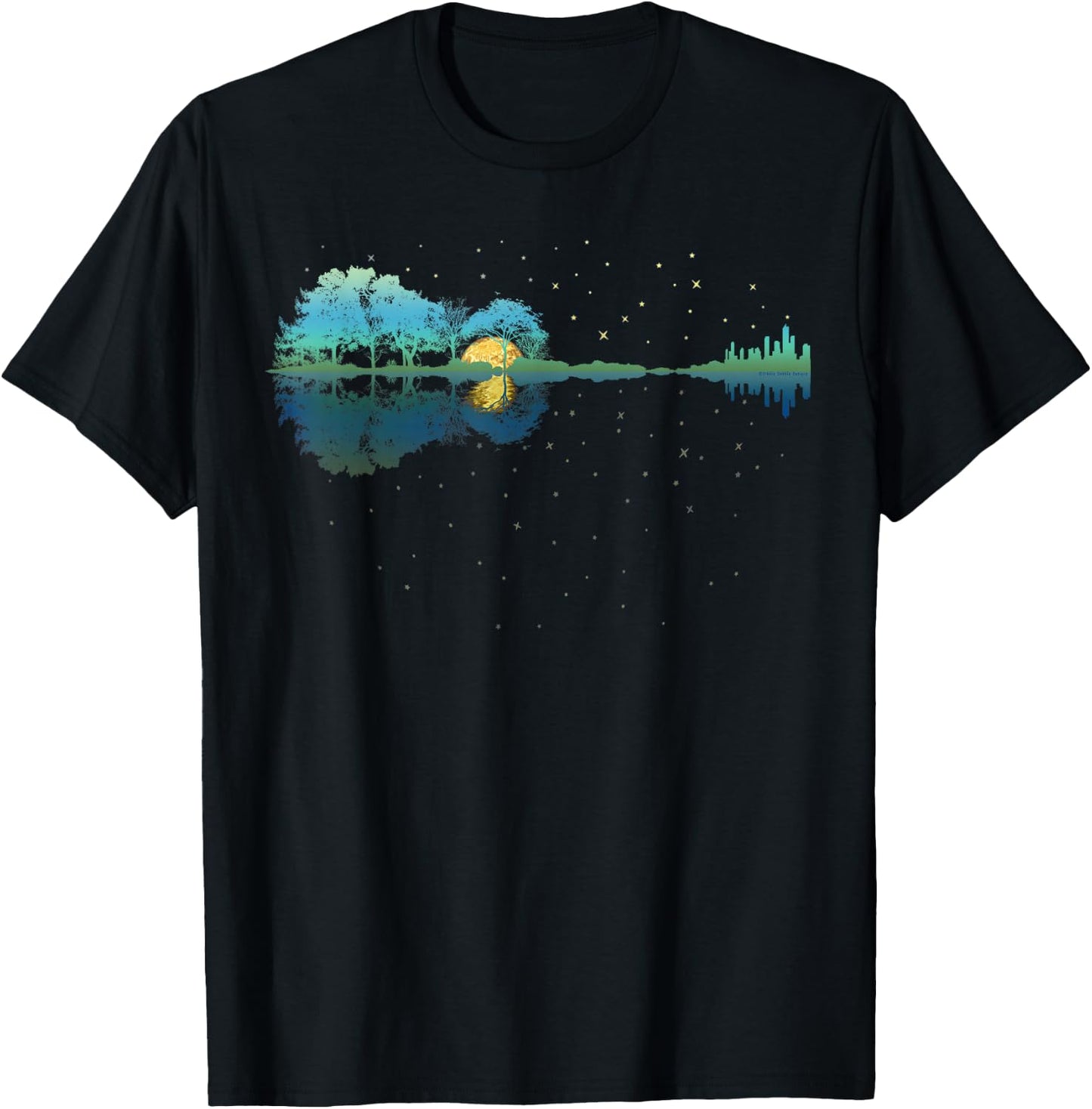 Guitar Lake Reflections Night Sky and Moon Guitar T-Shirt - T-Shirt | Black
