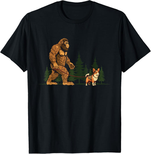 Funny Tri Color Corgi Bigfoot Dog Walking Dog Mom Dad Kids T-Shirt - T-Shirt | Black