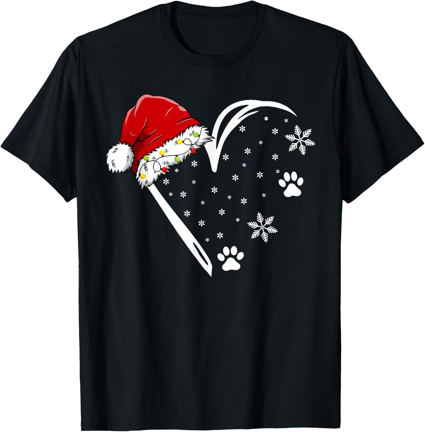 Dog Paw Print Heart Santa Hat Christmas Lights Animal Lover Women Kids T-Shirt - T-Shirt | Black