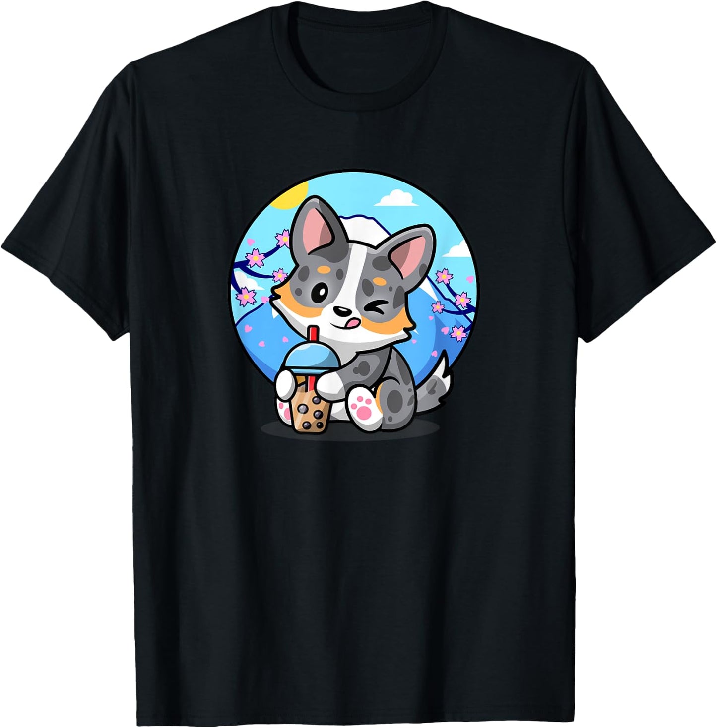 Funny Boba Bubble Tea Cherry Sakura Blue Merle Corgi Lover T-Shirt - T-Shirt | Black