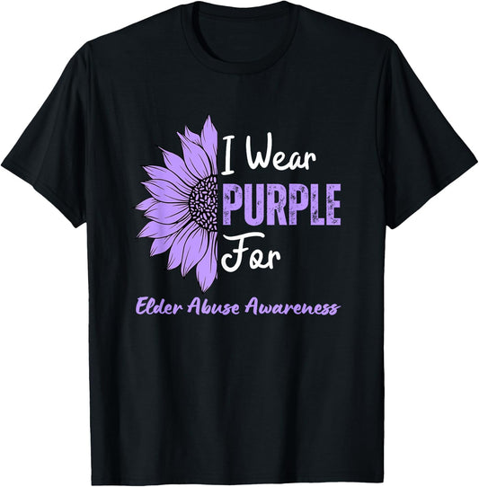 I Wear Purple For Elder Abuse Awareness Sunflower T-Shirt - T-Shirt | Black