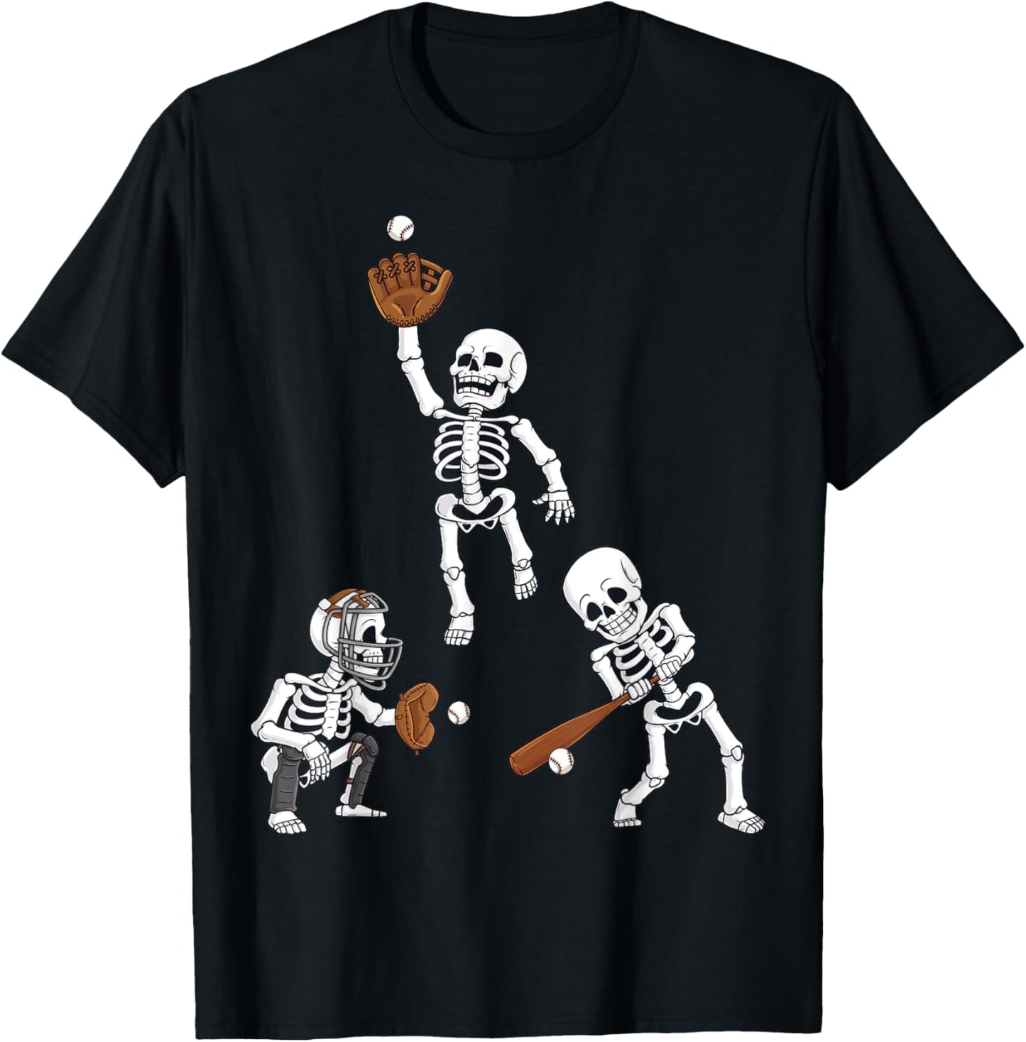 Baseball Halloween Skeletons Hitter Catcher Boys Kids Teen T-Shirt - T-Shirt | Black