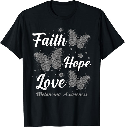 Faith Hope Love Melanoma Awareness Butterfly T-Shirt - T-Shirt | Black