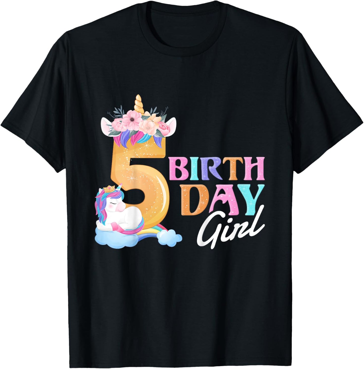 5 Year Old Birthday Girl, 5th Birthday Unicorn T-Shirt - T-Shirt | Black