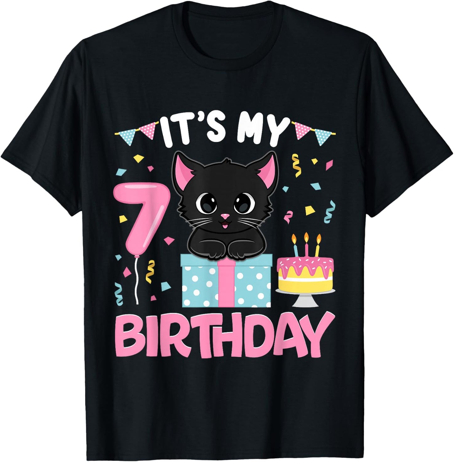 Its My 7th Birthday Girl Cat Birthday 7 Year Old BDay Party T-Shirt - T-Shirt | Black