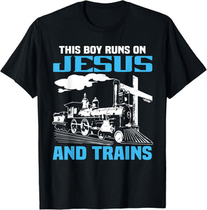 This Boy Runs On Jesus And Trains Locomotive Railroad T-Shirt - T-Shirt | Black