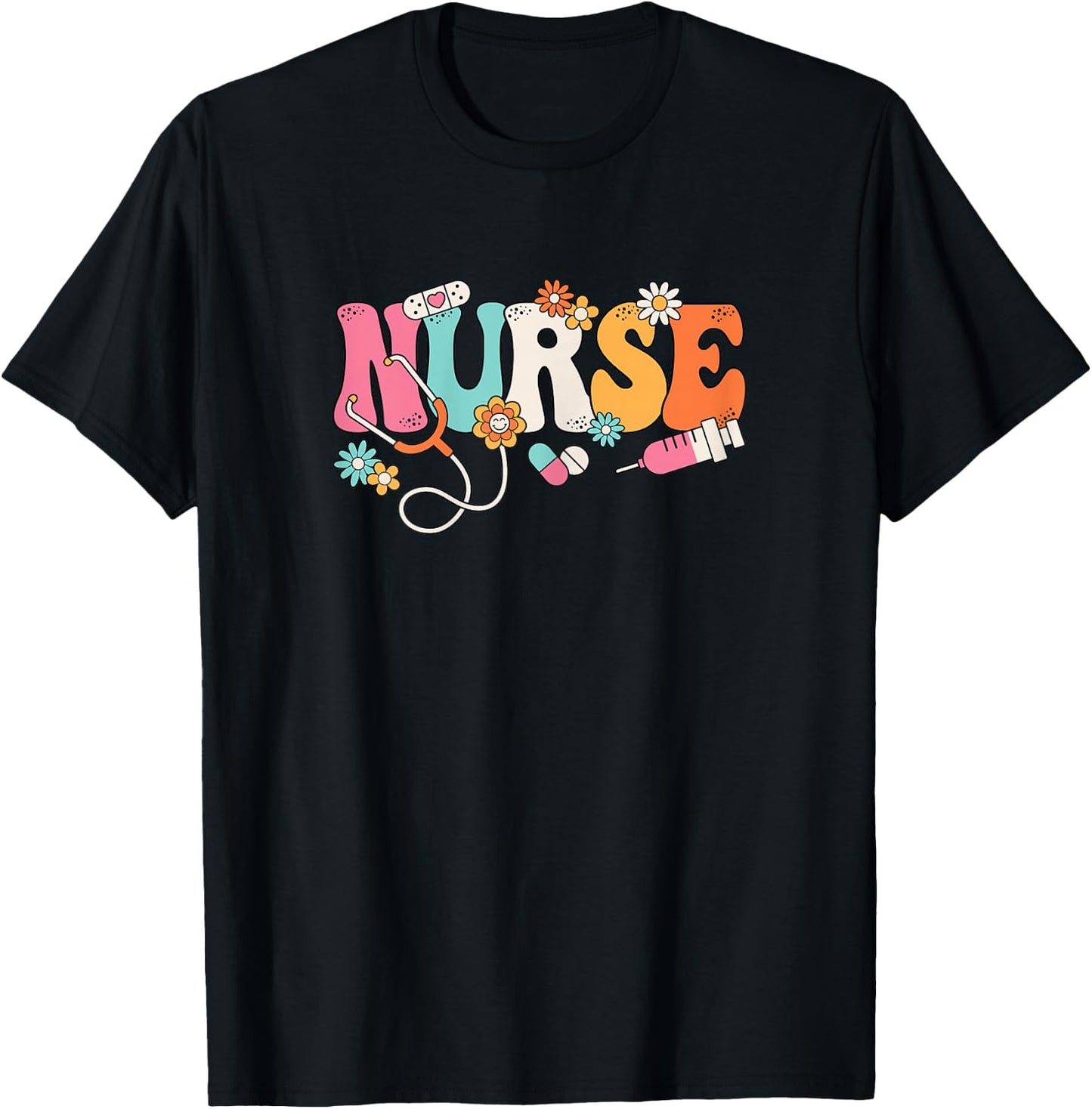 Cute Groovy Nurse Flower Nursing Women T-Shirt - T-Shirt | Black