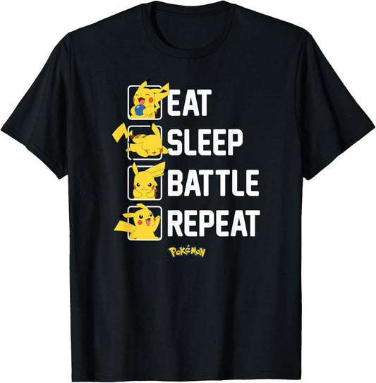 Pokémon - Eat Sleep Battle Repeat Pikachu T-Shirt - T-Shirt | Black
