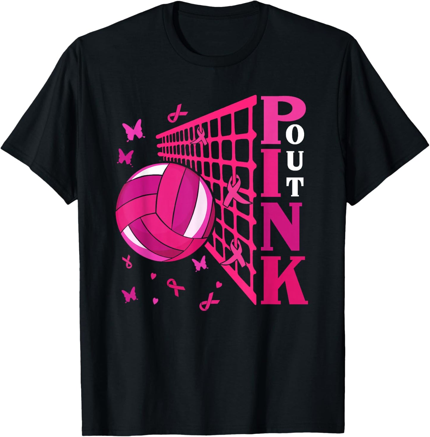Cute Pink Out Volleyball Breast Cancer Awareness Pink Ribbon T-Shirt - T-Shirt | Black