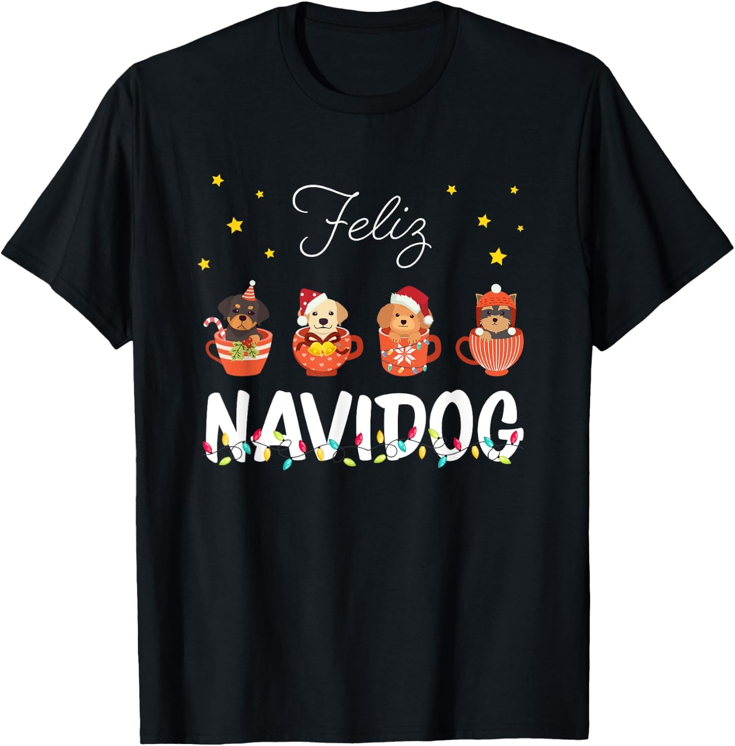 Feliz Navidog Cute Puppy Dogs Feliz Navidad Christmas Men Women Kids T-Shirt - T-Shirt | Black