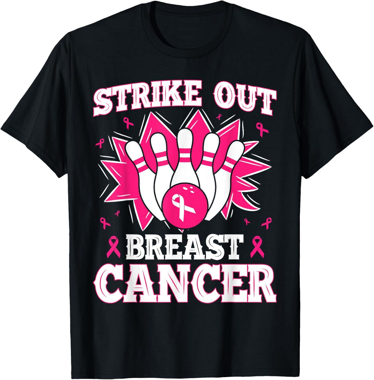 Strike Out Bowling Pink Ribbon Breast Cancer Awareness T-Shirt - T-Shirt | Black