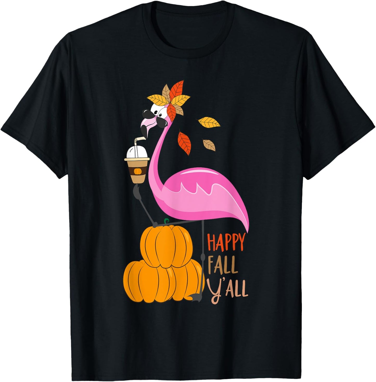 Happy Fall Y'all Pumpkin Flamingo Autumn Graphic T-Shirt - T-Shirt | Black