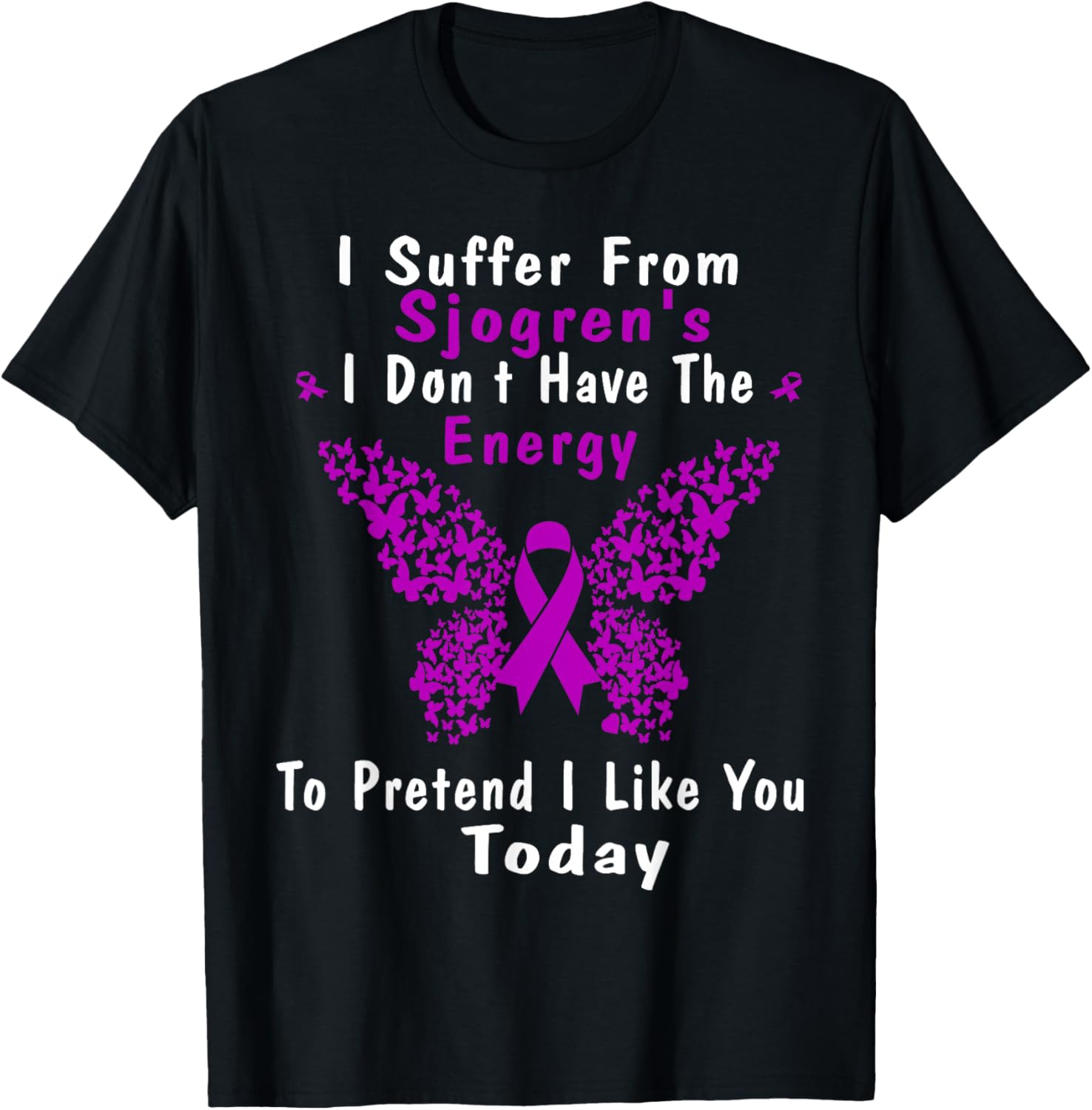 Sjogrens Syndrome Awareness Butterfly Purple Ribbon Disease T-Shirt - T-Shirt | Black