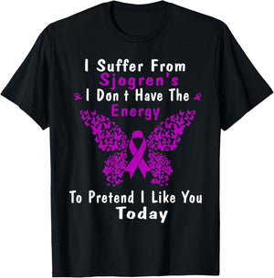 Sjogrens Syndrome Awareness Butterfly Purple Ribbon Disease T-Shirt - T-Shirt | Black