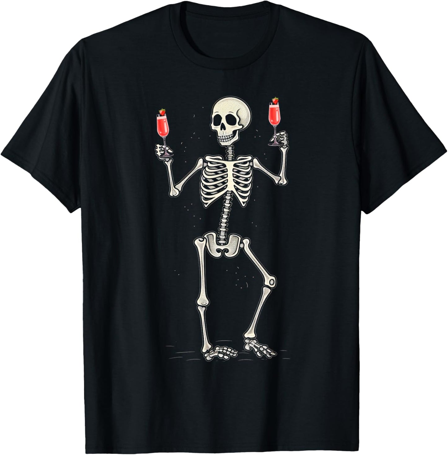Funny Halloween Skeleton Drinking Strawberry Mimosa Cocktail T-Shirt - T-Shirt | Black