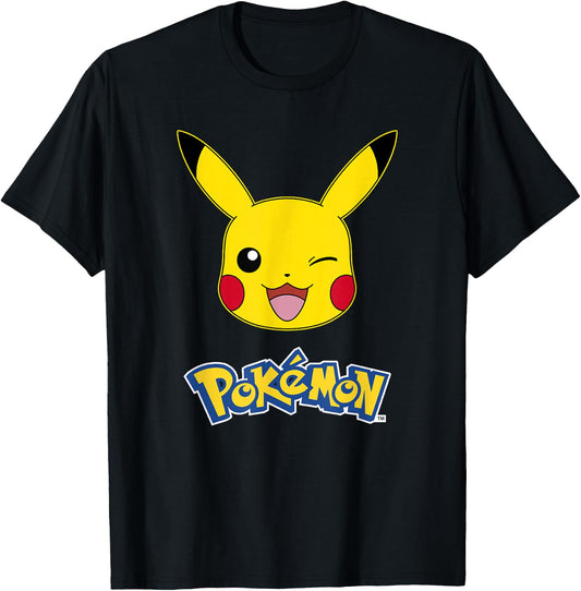 Pokémon Pikachu Wink Cute Face Official Logo T-Shirt - T-Shirt | Black