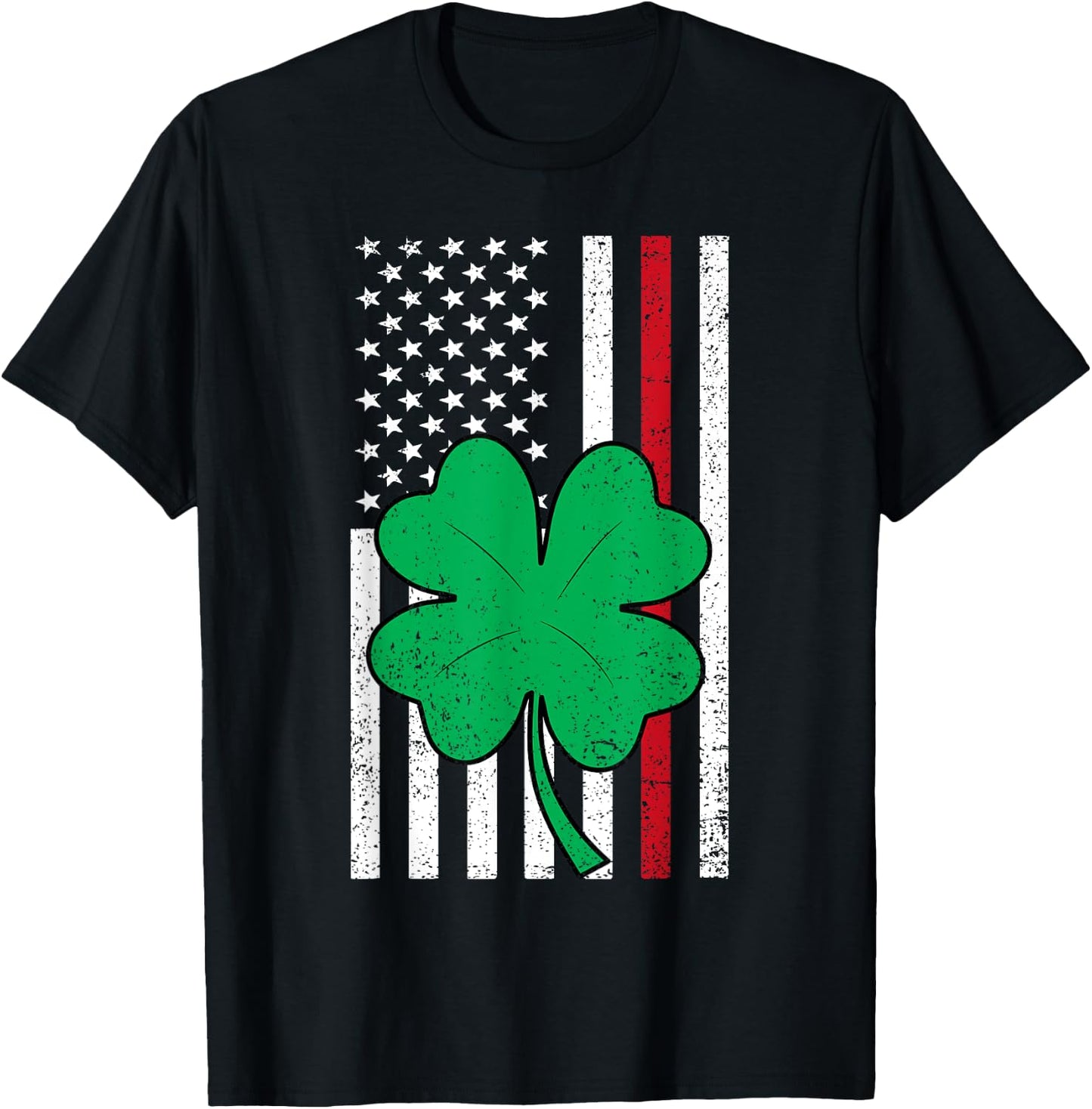 Shamrock American Flag Red Line St Patricks Day Firefighter Women Kids Men T-Shirt - T-Shirt | Black