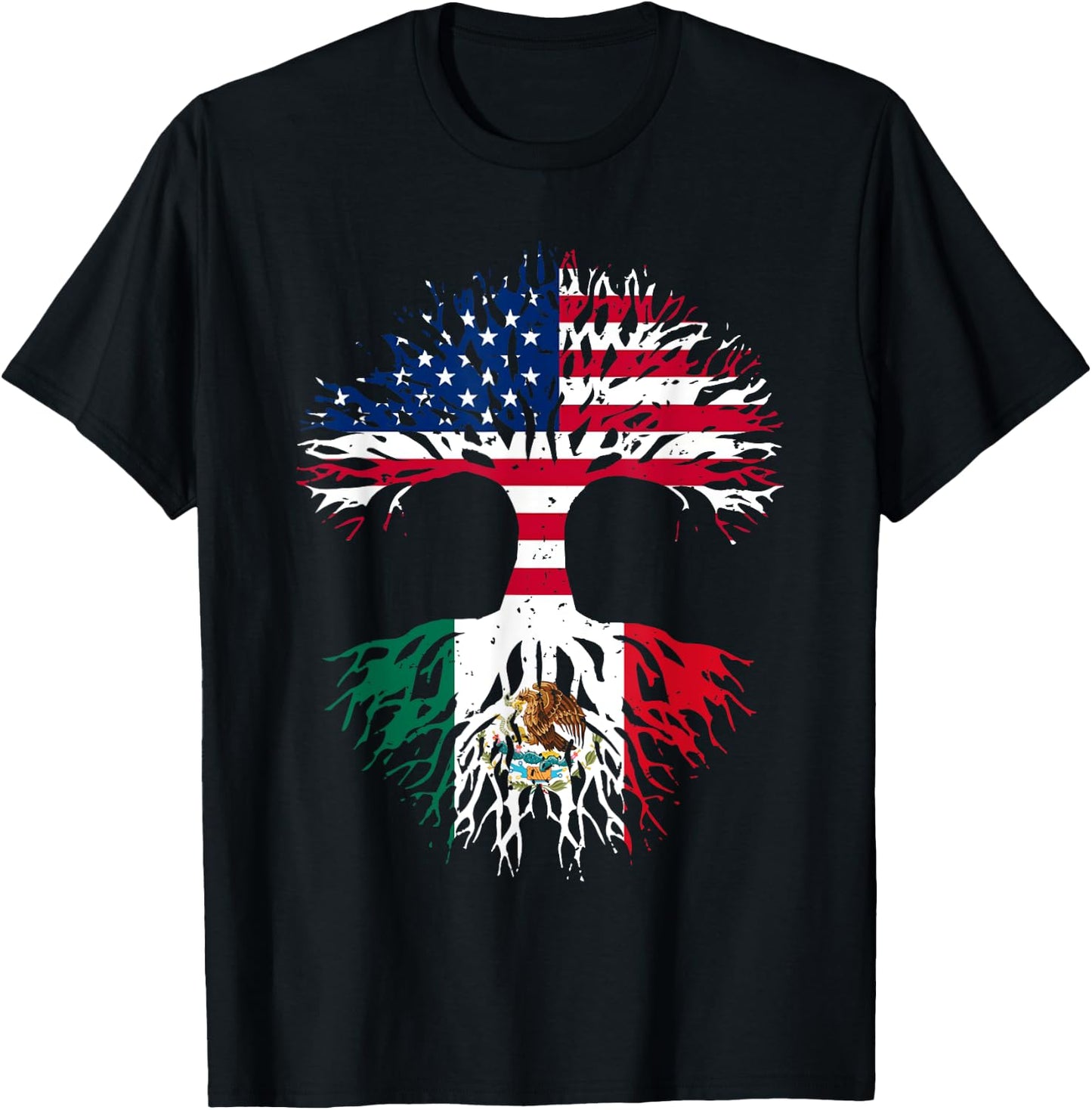Mexican Roots American Grown Tree USA Flag Funny Mexico Flag T-Shirt - T-Shirt | Black