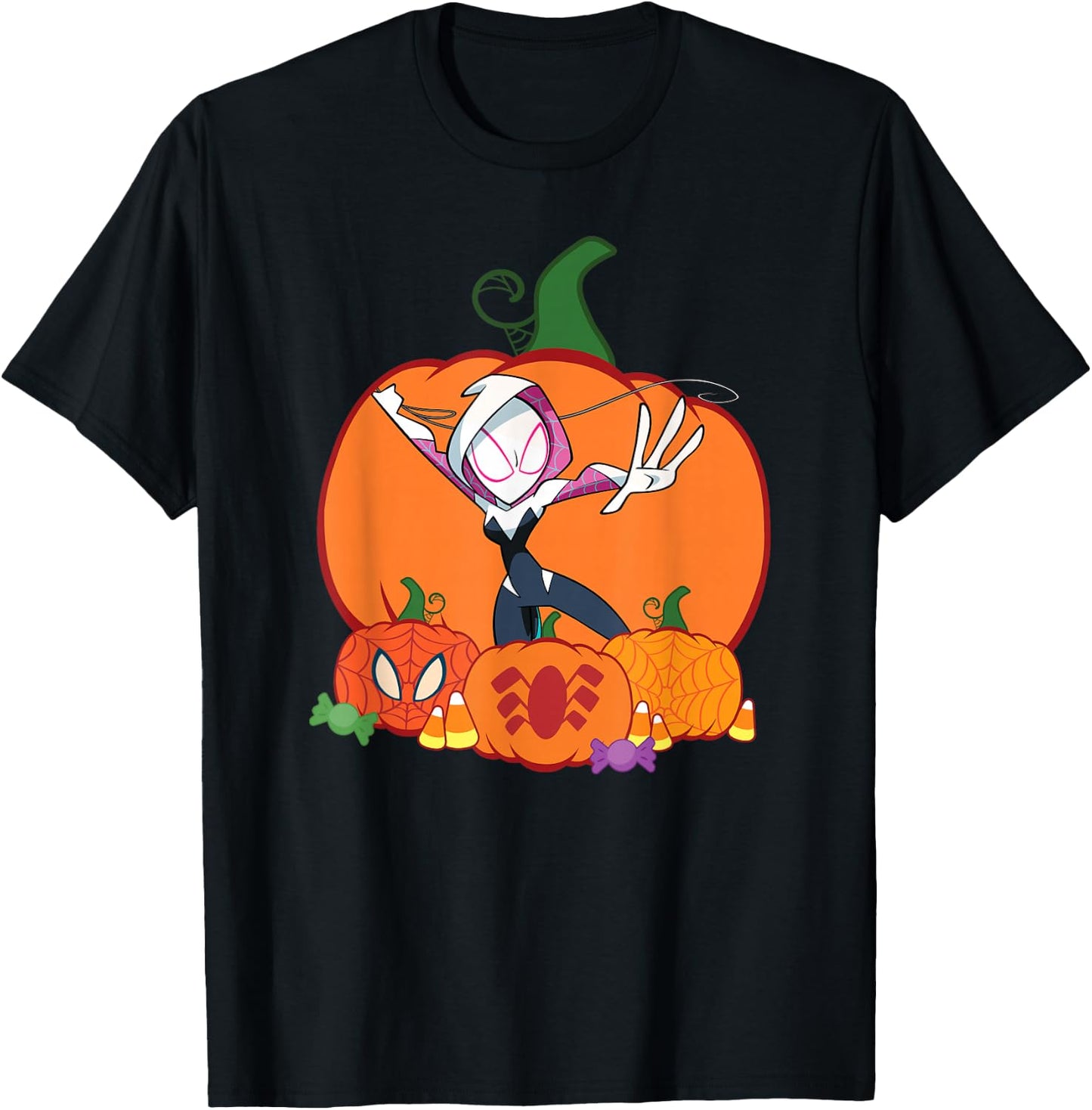 Marvel Spider-Gwen Ghost Spider Halloween with Pumpkins T-Shirt - T-Shirt | Black