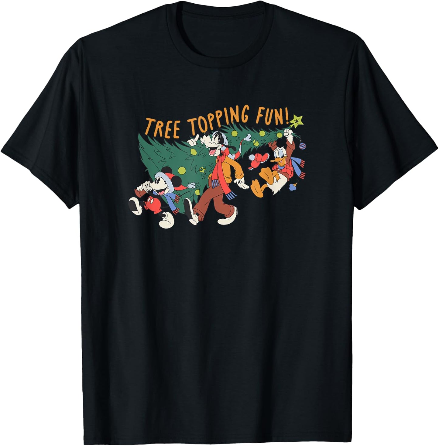 Amazon Essentials Men's Mickey Mouse Goofy and Donald Christmas Tree Topping Fun , Black Graphic Print, Small T-Shirt - T-Shirt | Black