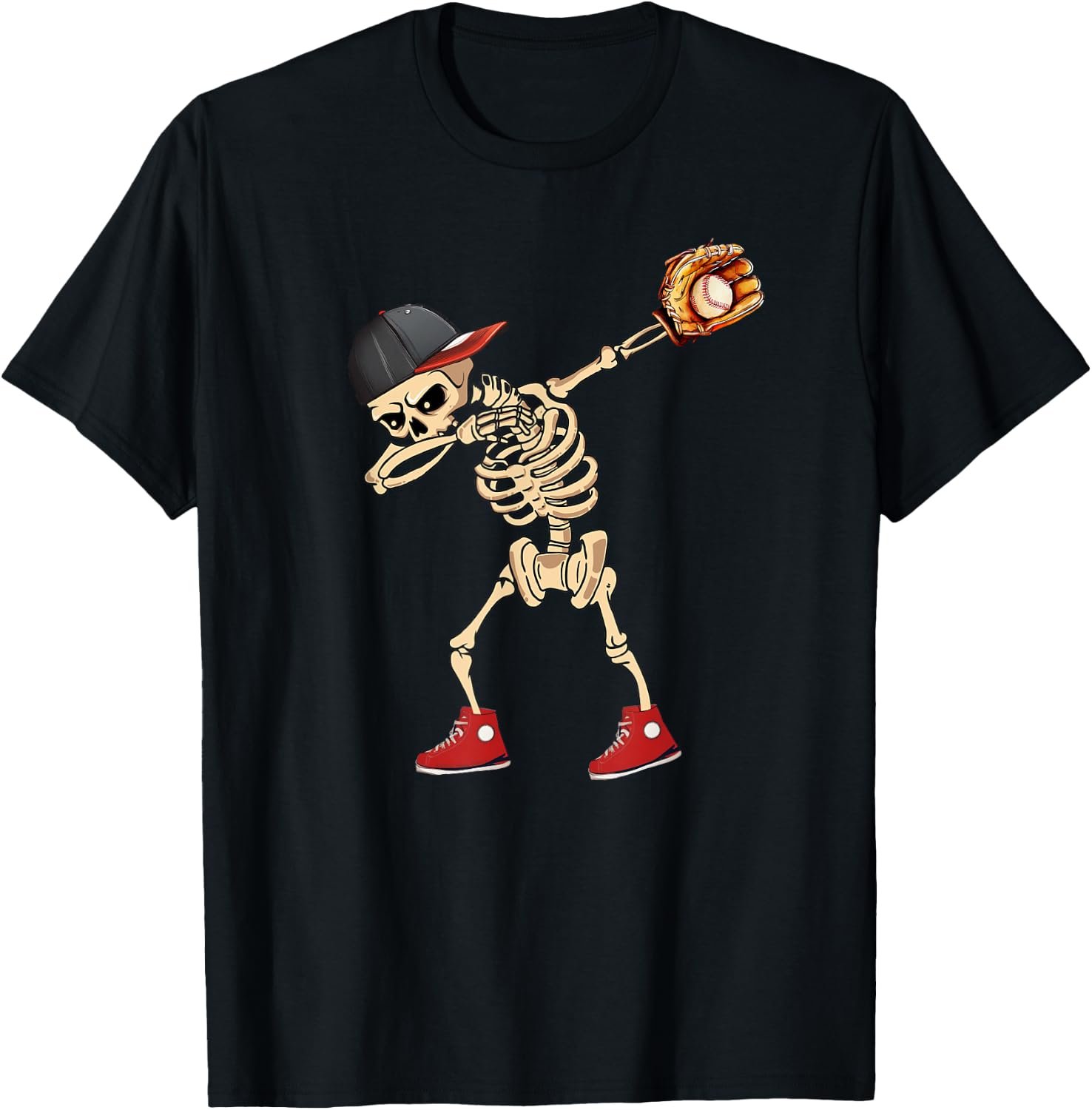 Baseball Player Catcher Pitcher with Mitt Dabbing Skeleton T-Shirt - T-Shirt | Black
