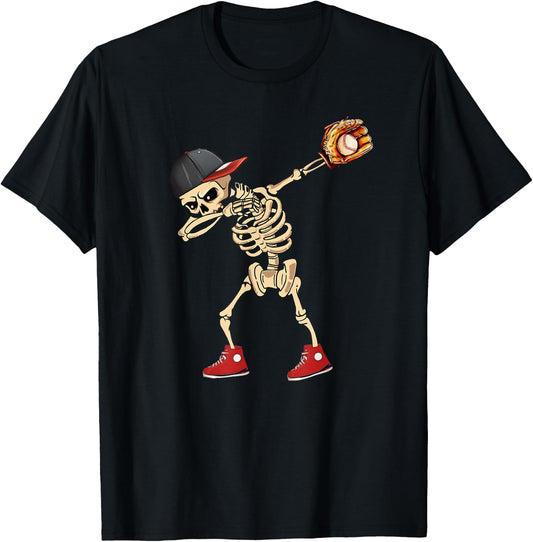 Baseball Player Catcher Pitcher with Mitt Dabbing Skeleton T-Shirt - T-Shirt | Black