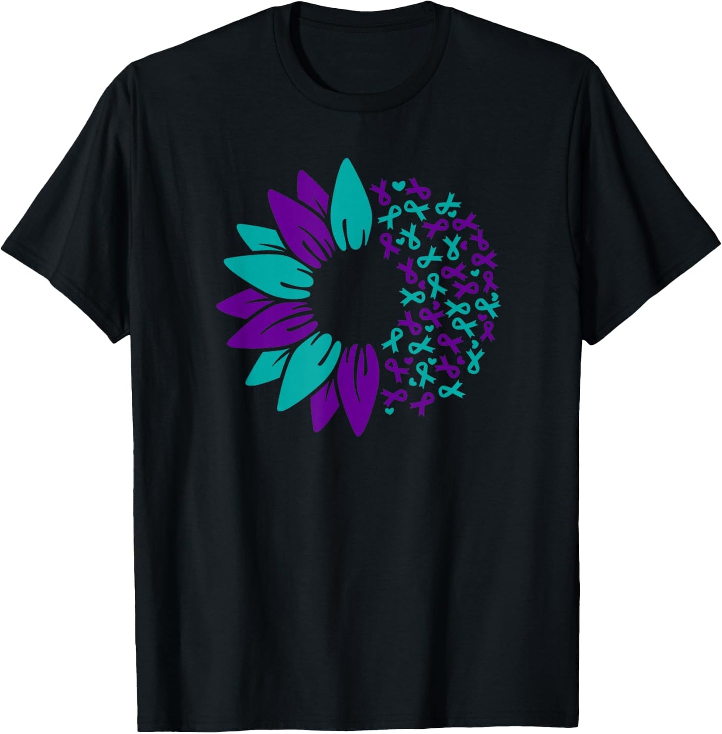 Sunflower Suicide Awareness Prevention Purple Teal Ribbon T-Shirt - T-Shirt | Black