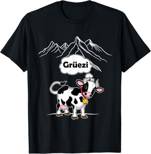 Switzerland Cow Gruezi Swiss German Mountains T-Shirt - T-Shirt | Black