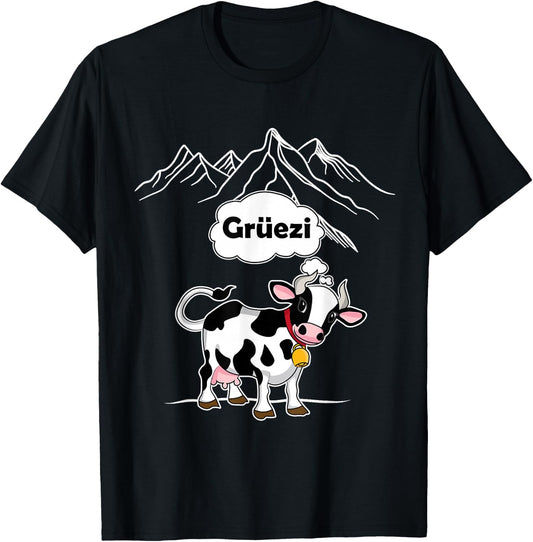 Switzerland Cow Gruezi Swiss German Mountains T-Shirt - T-Shirt | Black