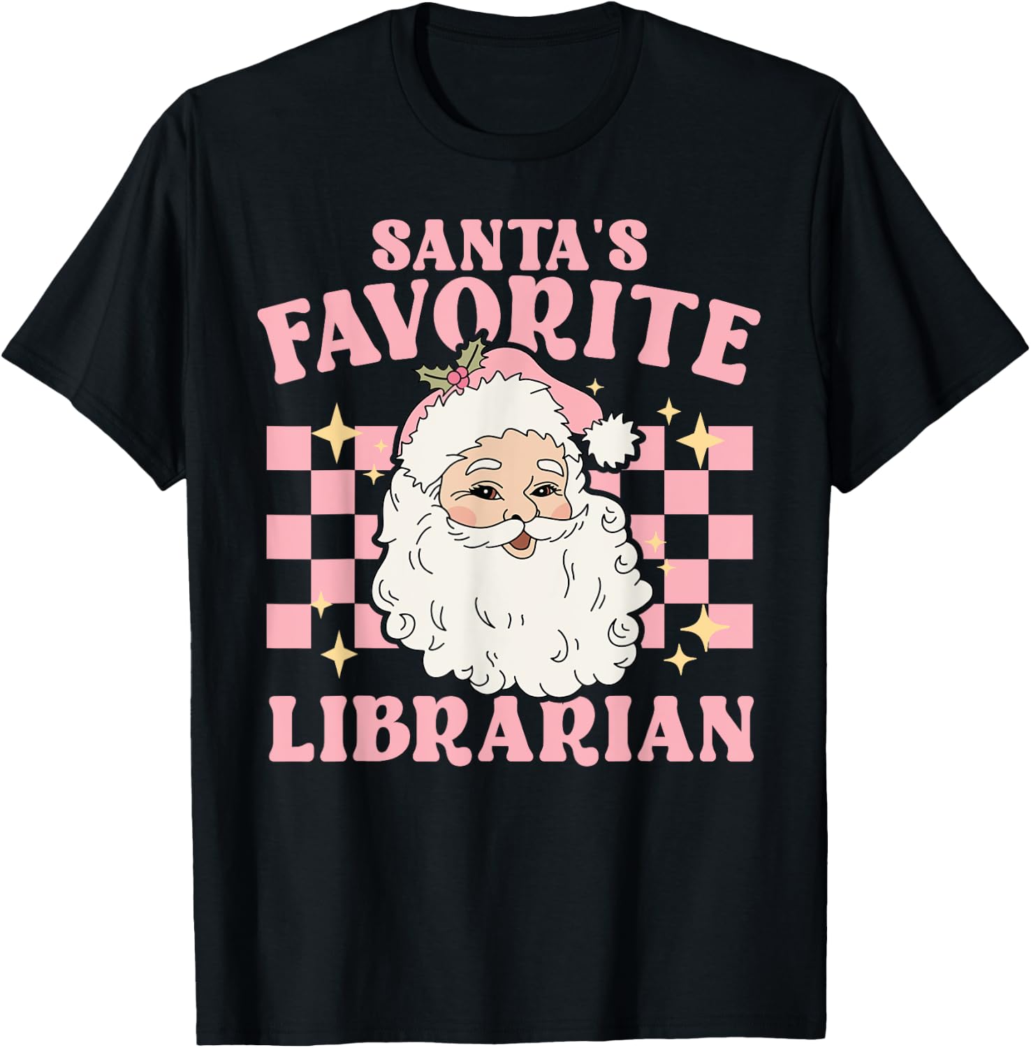 Vintage Pink Retro Christmas Santas Favorite Librarian T-Shirt - T-Shirt | Black