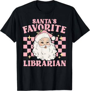 Vintage Pink Retro Christmas Santas Favorite Librarian T-Shirt - T-Shirt | Black