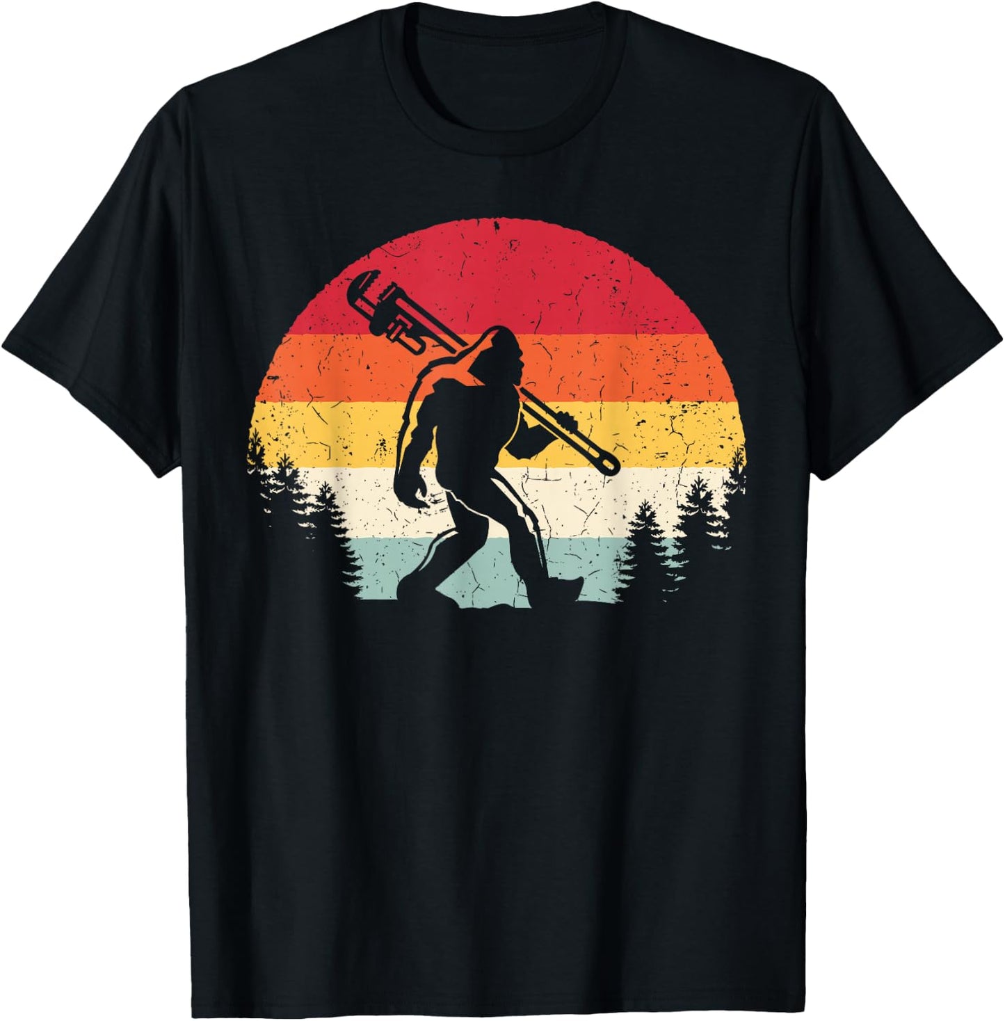 Vintage Bigfoot Plumber Pipe Wrench Funny Sasquatch Plumbing T-Shirt - T-Shirt | Black