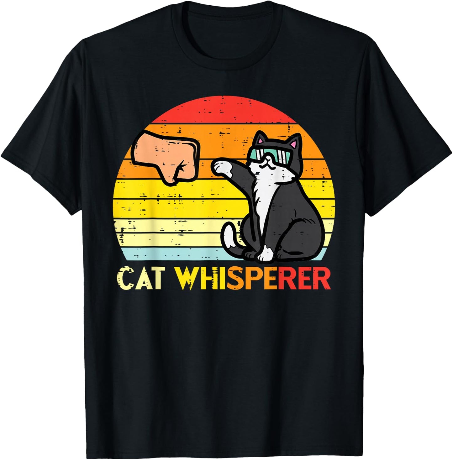 Cat Whisperer Man Paw Fist Bump Sunset Retro Men Women Kids T-Shirt - T-Shirt | Black
