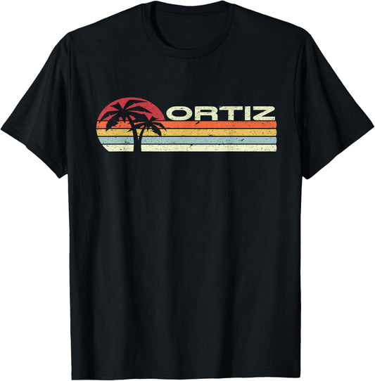Ortiz Surname 80s 90s Vintage Sunset with Palm Trees T-Shirt - T-Shirt | Black