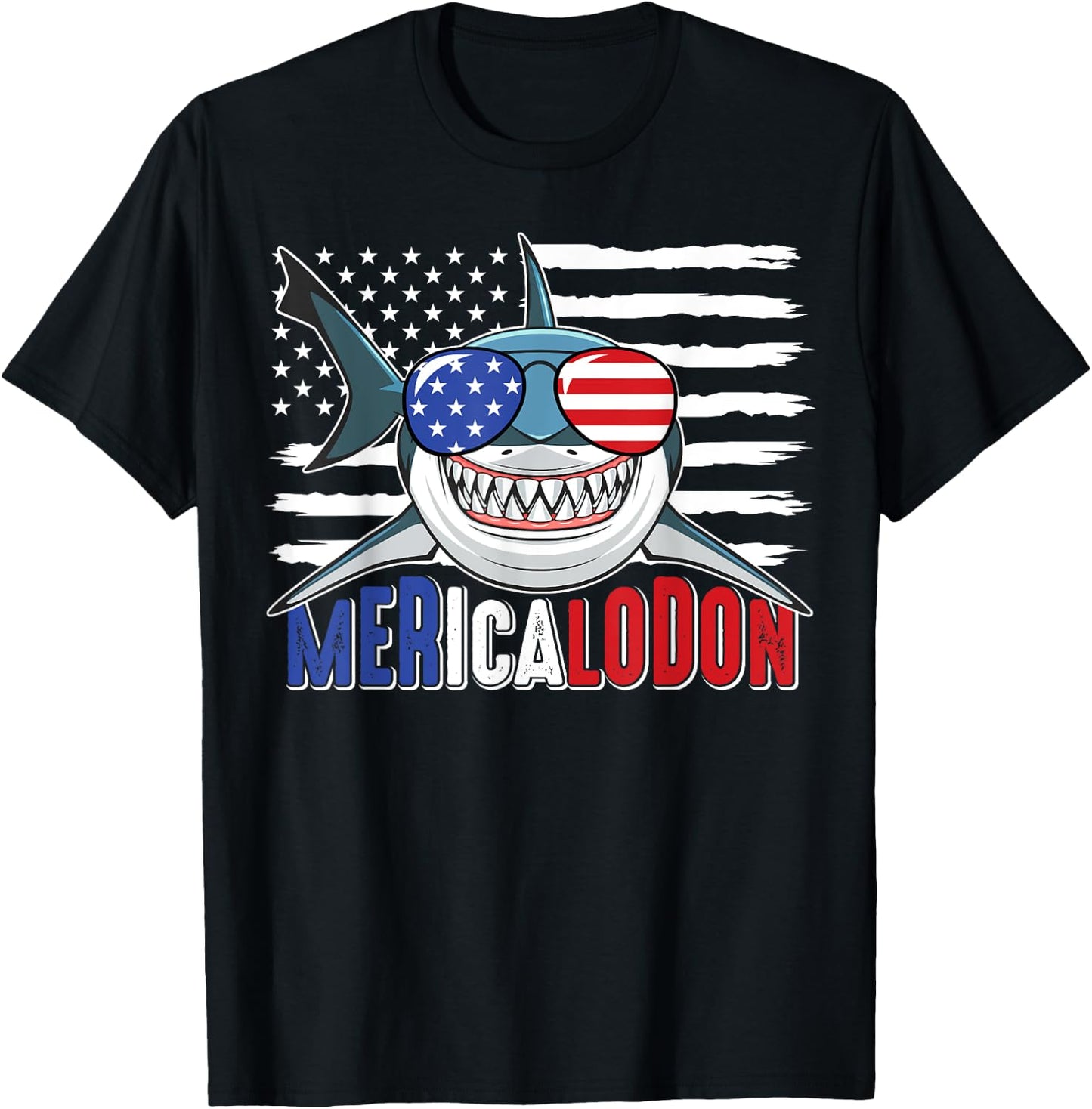 Merica Shark Funny 4th of July Megalodon American Flag T-Shirt - T-Shirt | Black