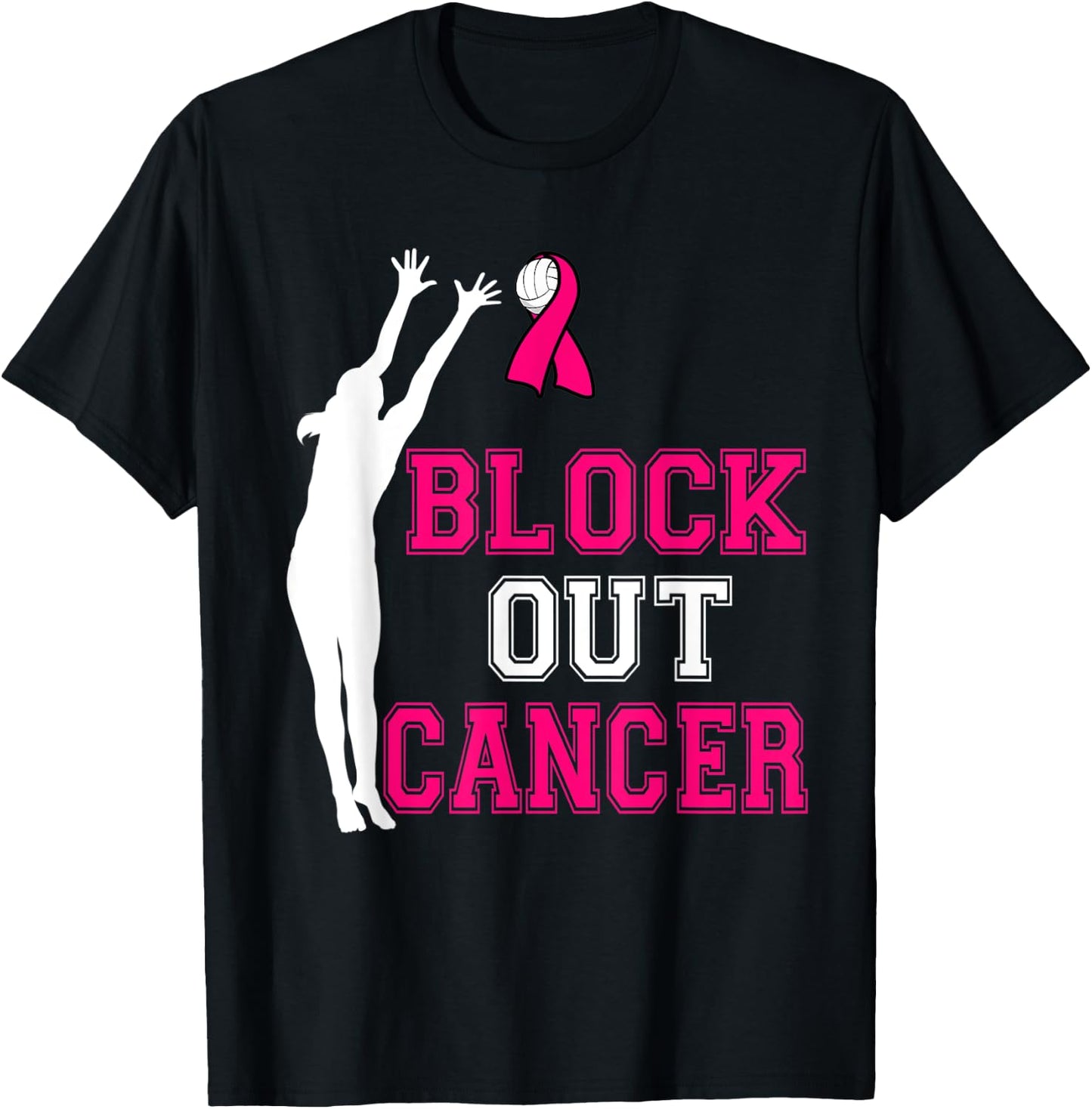 Volleyball Breast Cancer Awareness Block Out Cancer T-Shirt - T-Shirt | Black