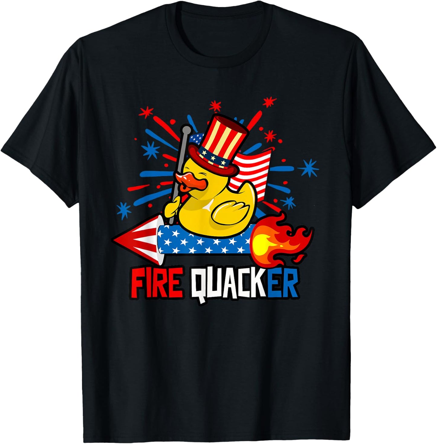Funny Firequacker Duck 4th of July Fireworks American Flag T-Shirt - T-Shirt | Black