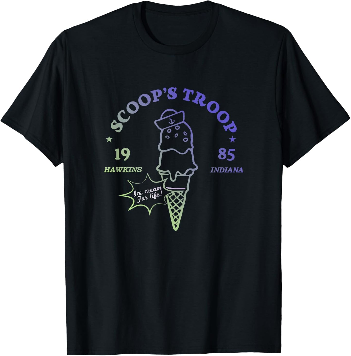 Stranger Things Vintage Gradient Scoop's Troop 1985 Badge T-Shirt - T-Shirt | Black