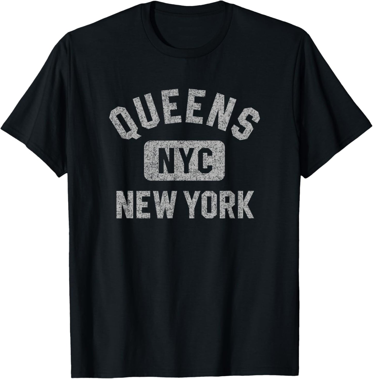 Queens NYC New York Gym Style Distressed Gray Print T-Shirt - T-Shirt | Black