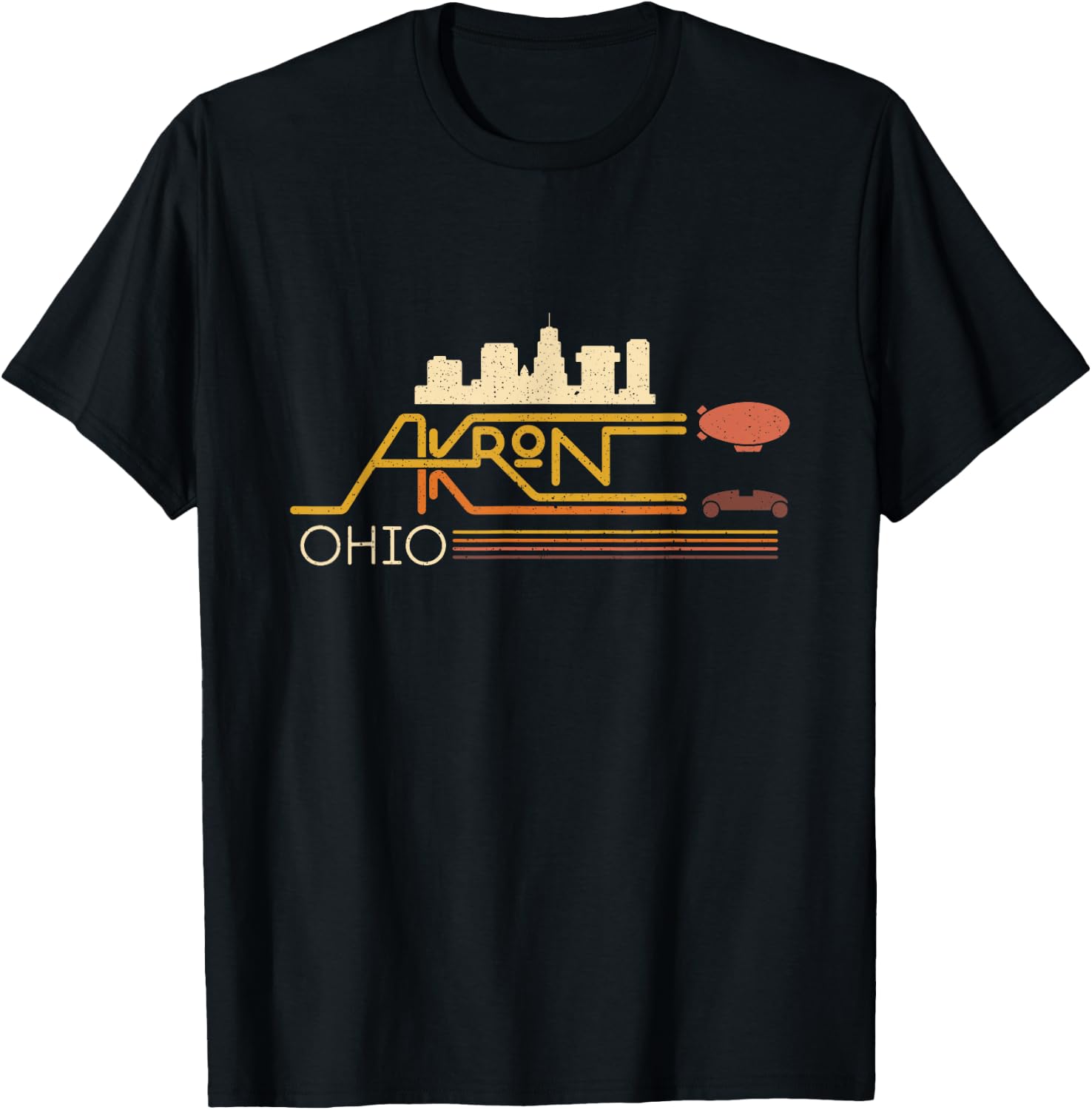 Vintage Akron Ohio Skyline With Akron Blimp On Retro Stripes T-Shirt - T-Shirt | Black