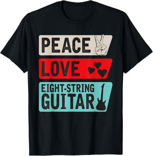 Peace Love Eight-String Guitar Musical Instrument Guitarists T-Shirt - T-Shirt | Black