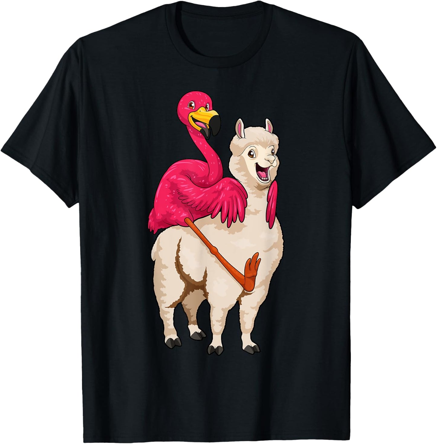 Flamingo Riding Llama Funny Flock Bird Llama Farmer Pun T-Shirt - T-Shirt | Black