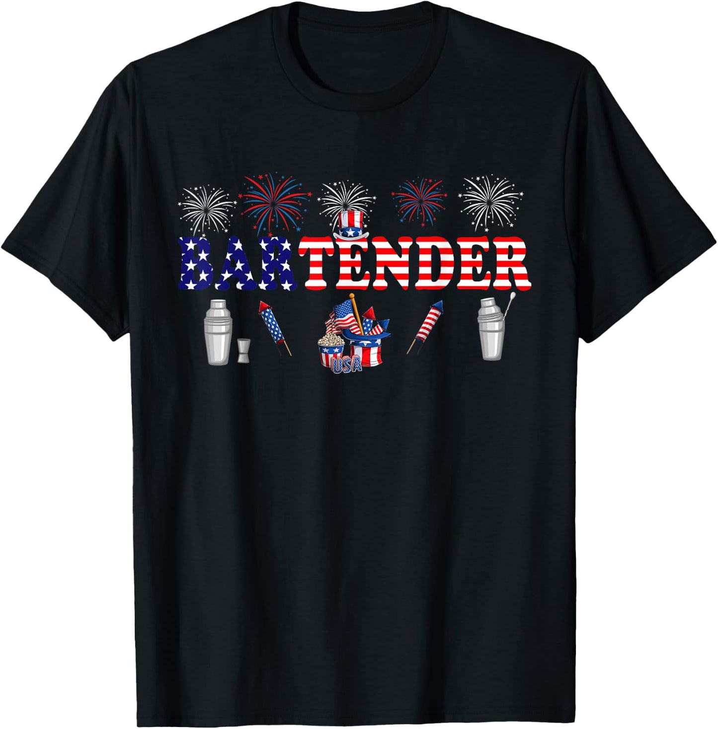 Bartender Costume Proud 4th Of July American Flag Fireworks T-Shirt - T-Shirt | Black