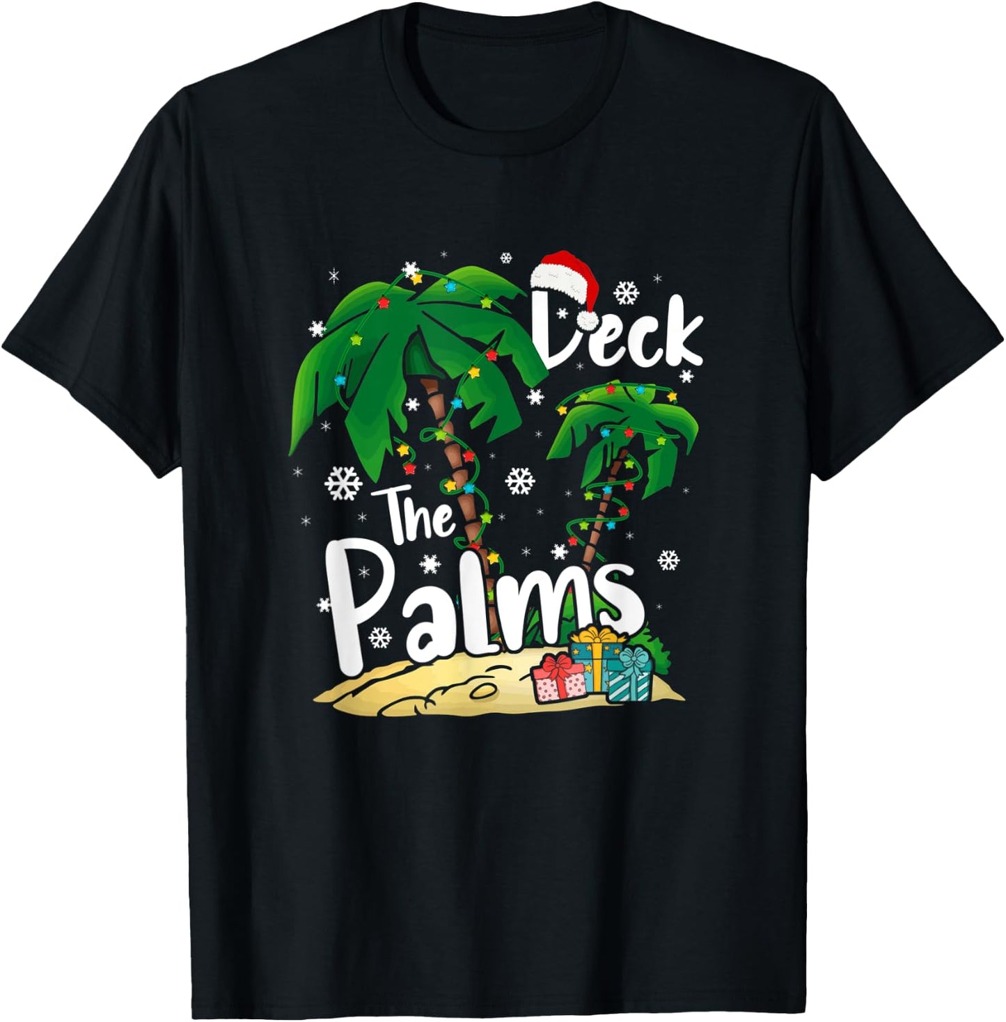 Deck The Palms Tropical Hawaii Christmas Palm Tree Lights T-Shirt - T-Shirt | Black