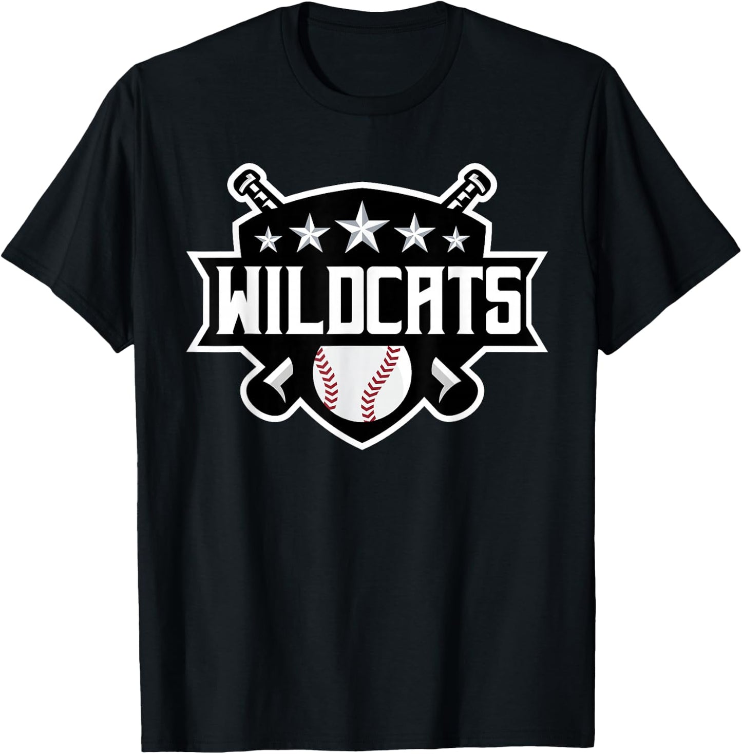 Wildcats Baseball Sports Game Day Spirit Print Stars Mom Dad T-Shirt - T-Shirt | Black