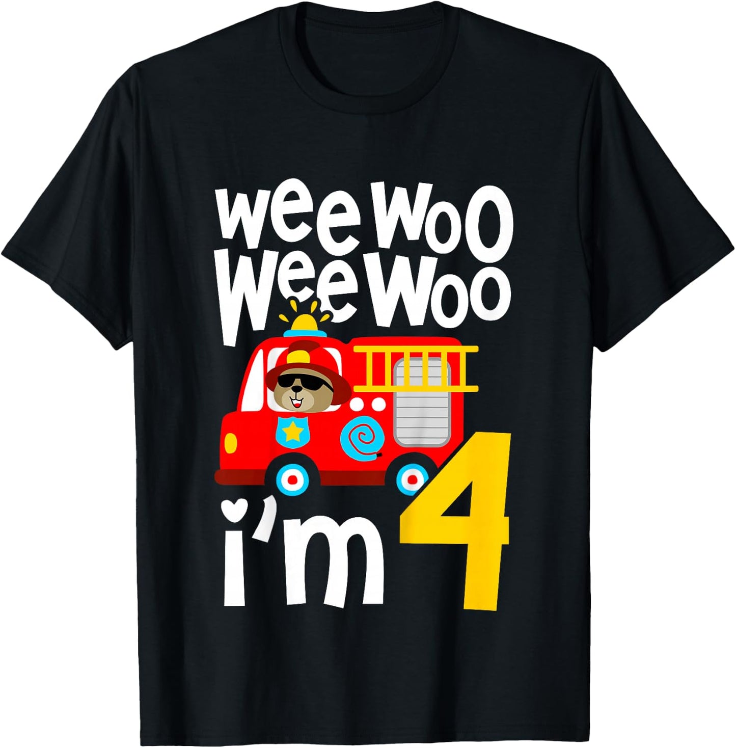 Kids Boys Birthday Wee Woo Wee Woo I'm 4 Red Fire Truck T-Shirt - T-Shirt | Black