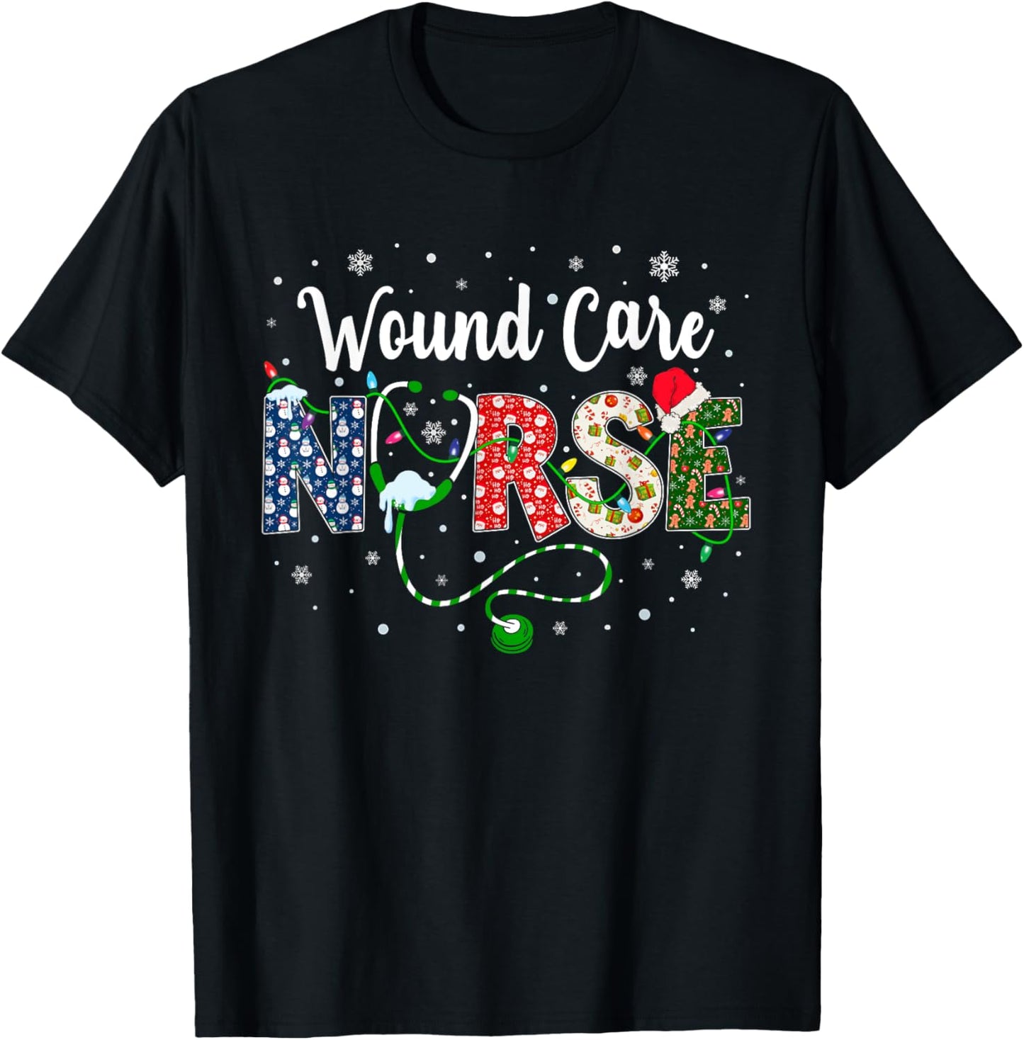 Wound Care Nurse Xmas Santa Hat Nurse Christmas Pattern T-Shirt - T-Shirt | Black
