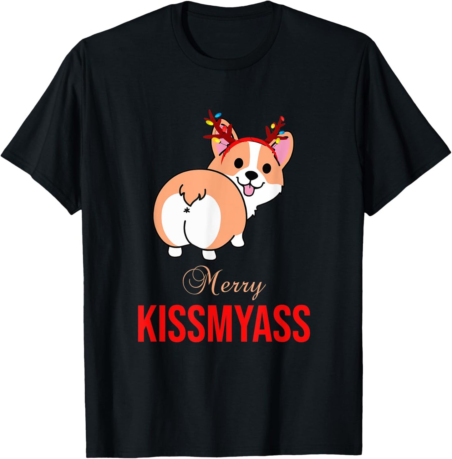 Merry Kissmyass Funny Christmas Reindeer Corgi Dog Lover T-Shirt - T-Shirt | Black